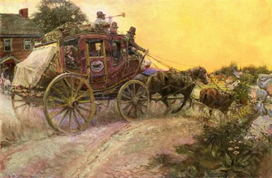 19世紀初頭、郵便物や乗客を乗せて村に到着する夕勤。S.M.アーサーズによる絵画の複製。