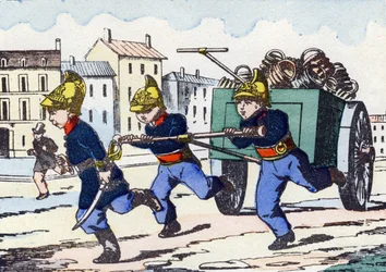 消防士。Alphabet militaire enfantin "に掲載されたエングレーヴィング。1890年頃のポン・ア・ムソンをイメージしています。20ページ。寸法：28,5x21cm