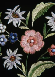イタリア、ヴァッレ・ダオスタ州グレッソニのヴァルサー衣装に施された花柄の刺繍