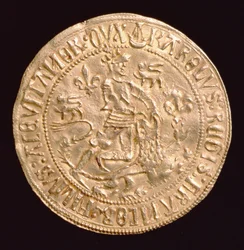アキテーヌ公シャルルのフォール・ドール（1433-77年）（裏面）ライオンと格闘する公爵の姿、ボルドーで打たれる