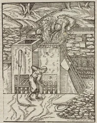 金鉱石を加熱するための炉 - Lazarus Eckerによる「鉱山と主な採掘方法の説明」からの版画