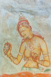 フレスコ画；花を持つ素肌の女性；アプサラ；ユネスコ世界遺産；シギリヤ；スリランカ；アジア