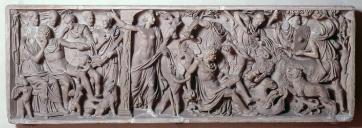 アドニスの死を描いた石棺の正面 ローマ時代、2世紀（大理石製