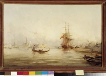 盆地のガレオン船とゴンドラ（ヴェネツィア？ ポール・ビスターニュ（1850-1886）作 19世紀 禁無断転載マルセイユ、プロヴァンス・ファンデーション・リガード・コレクション