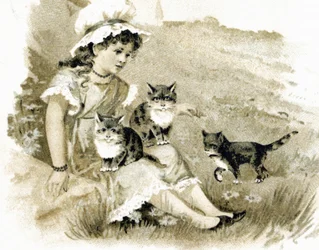 猫を膝に乗せて帰る少女。1900年頃のポストカード。クロモリトグラフィー