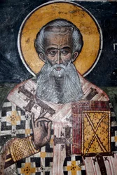 ギリシャ正教のキリスト教、古代ビザンチンのフレスコ画、ニコラス司教の壁画、ペトラのアギオス・ニコラオス教会、レスボス島、エーゲ海、ギリシャ、ヨーロッパ