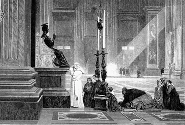 古代ローマの歴史。バチカン大聖堂の聖ペテロ像の前で祈りを捧げる教皇ピウス9世 Engraving G.Laplant 1867年
