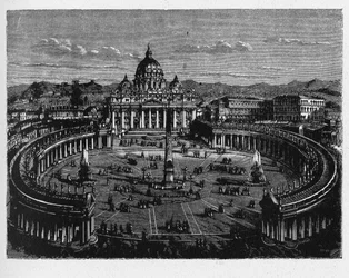 古代ローマの歴史。サン・ピエトロ広場は、ローマに囲まれたローマ教皇庁の飛び地であるバチカン市国のサン・ピエトロ大聖堂の真正面、ボルゴ地区またはリオーネの真西に位置する巨大な広場である。