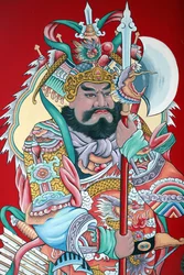 Hoi Tuong Te Nguoi Hoa 仏教徒の中国寺院。ゲートに描かれたガーディアン・フィギュア。Phu Quoc。ベトナム。