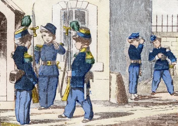 徒歩で移動するハンターたち。Alphabet militaire enfantin "に掲載された版画。1890年頃のポン・ア・ムソンをイメージしています。20ページ。寸法：28.5x21cm