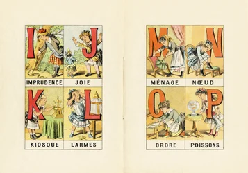 I : 軽率、J : 喜び、K : キオスク、L : 涙、M N O P : 男、女、男児、女児、女児 - 「ABCD des petites filles」から引用された版画です。Pellerin & Cie, imprimeur-editeur, Epinal, circa 1890.シリーズA。寸法 : 19 x 13,5 cm