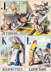 J K L : Juchoir a poules, Kilometres, Labourage - 19世紀末の「農場のアルファベット」(彫刻)
