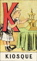 K : Kiosk - 「ABCD des petites filles」から引用した彫刻です。Pellerin & Cie, printer-publisher, Epinal, around 1890.シリーズA。寸法 : 19 x 13,5 cm