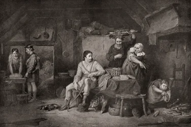 ネザーランドのコテージにいるアルフレッド王。アルフレッド大王、848年頃 899年。伝説によると、アルフレッドがサマセット・レベルズに逃れたとき、農民の女性に保護された。