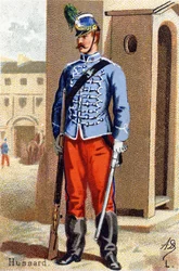L: Hussard.ミリタリー・アルファベット」のエングレーヴィング。絵師のイニシャル。A. D. 出版社不明19世紀末のクロモリトグラフ。大きさ：10.5x7cm