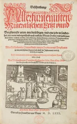 炉、器具、道具を備えた鉱石分析室 - Lazarus Eckerによる「Description of ores and principal methods of mining」のタイトルページ - Alchemy & Early Chemistry 冶金学に関する本のタイトルページ