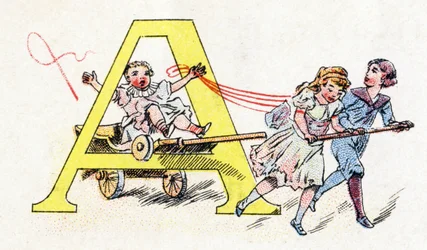 Letter A: Hitch Fun.フォスファティンファリエスのアルファベット .エングレービング。薬剤師Pierre Emile FalieresによるBrevete alphabet S.G.D.G. .19世紀末、色版画による挿絵。16ページ。寸法：103x154mm