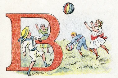 レターBバルーン.ホスファティンファリエスのアルファベット .エングレービング。薬剤師Pierre Emile FalieresによるBrevete alphabet S.G.D.G. .19世紀末、色版画による挿絵。16ページ。寸法：103x154mm