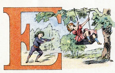 Letter E: Scarpolette.アルファベットのフォスファティンファリエス.エングレービング。薬剤師Pierre Emile FalieresによるBrevete alphabet S.G.D.G. .19世紀後半の色版画による挿絵。16ページ。寸法：103x154mm