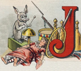 Letter J: toys.Alphabet de ma petite fille "に掲載された版画。Bernardin-Bechet and Fils, bookseller-publishers, Paris, around 1895.壊れないアルバムをキャンバスにBibliotheque des Bebes（ビブリオテック・デ・ベベ）。12ページ。読書法とイラスト入りのアベコベを収録したアルバム
