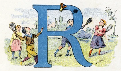 Letter R: Flying Racket.ホスファティンファリエスのアルファベット.エングレービング。薬剤師Pierre Emile FalieresによるBrevete alphabet S.G.D.G. .19世紀末、色版画による挿絵。16ページ。寸法：103x154mm