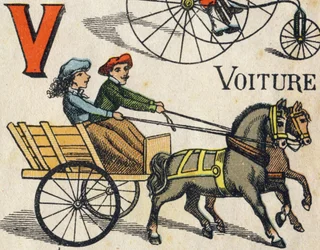車のVの字。ABCトイズ」の刻印。1890年頃、クロモリソグラフィによるエピナルイメージング。8ページの小冊子。大きさは195x135mmで、4枚目の表紙に広告が入るようになっている。家庭での使用を想定したもので、輝かしいアベコベと小さな読書の場を提供する。