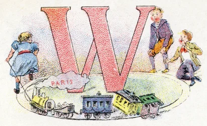 Letter W: wagon.フォスファティンファリエスのアルファベット.エングレービング。薬剤師Pierre Emile FalieresによるBrevete alphabet S.G.D.G. .19世紀後半の色版画による挿絵。16ページ。寸法：103x154mm