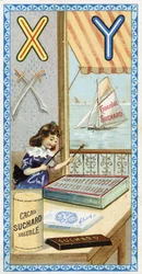 文字X：木琴奏者、文字Y：ヤタガラス、ヨット。20世紀初頭にショコラ・スシャールが編集したアルファベットのエングレーヴィング。イメージの中で発見される場所、キャラクター、オブジェクトを表現した24枚のクロモリトグラフ。寸法：105x55mm