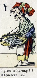 手紙Y：「ニシンを氷漬けにしろ!!!Dirty mackerel」。アルファベット「子供の楽しみ」。1890年頃のエピナルのイメージング。人気シリーズ。8ページの小さなブックレット。小さな通りのメティエとパリの叫びをテーマにしたステンシル入りの木版画