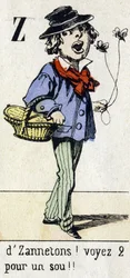 Letter Z: "by Zannetons!2を1円で見る!"アルファベット "の "子供の楽しみ"。エピナルのイメージング、1890年頃。人気シリーズ。8ページの小さなブックレット。小さな通りのメチエとパリの叫びをテーマにしたステンシルの木版画