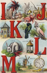 Letters I J K L; Indian; Joujoux; Kakatoes; Kiosk; Lantern; Rabbit; Watch Coins; Mill.Alphabet de ma petite fille "に掲載されたエングレーヴィング。Bernardin-Bechet and Fils, bookseller-publishers, Paris, around 1895.キャンバス地にアンブレイカブル・アルバム。Bibliotheque des Bebes（ビブリオテック・デ・ベベ