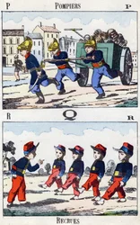 Letters P Q R: Firefighters and Recruits.Alphabet militaire enfantin "に掲載された彫刻。1890年頃のポン・ア・ムソンをイメージしています。20ページ。寸法：28.5x21cm