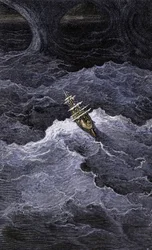 文学：海の真ん中のボート。サミュエル・テイラー・コールリッジ（1772-1834）の小説 "Rime of the Ancient Mariner "の挿絵。ギュスターヴ・ドーアの挿絵によるカラー・エングレーヴィング。