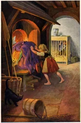 Literatura. Conto de fadas. Hansel e Gretel e a bruxa. Ilustração de Otto Kubel para o conto dos Irmãos Grimm. Cartão postal, Alemanha, c.1900 (cartão postal)