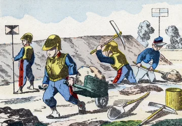 未成年者.Alphabet militaire enfantin "に掲載された版画。1890年頃のポン・ア・ムソンのイメージ。20ページ.寸法：28,5x21cm