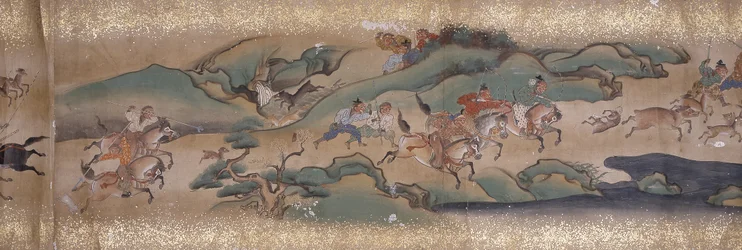 サル狩り（インク、色、紙）