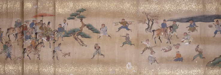 サル狩り（インク、色、紙）