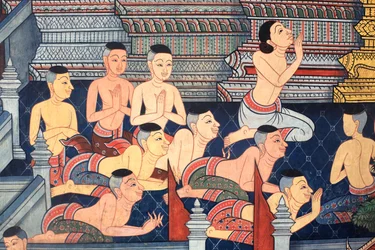 僧侶たち。ラーマ3世の時代に作られたヴィハーラの内壁には、ラマキアンを描いた壁画が描かれています。ワット・ポー（Wat Pho） - ワット・プラ・チェットゥフォン（Wat Phra Chettuphon）。1788.バンコク。タイ