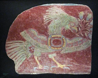 寓話的なケツァールの壁画の断片、初期の古典派、西暦200〜600年