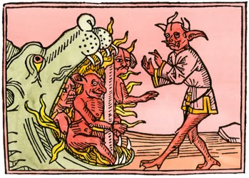 神話と伝説：悪魔を燃やす地獄の竜の口。アウクスブルク版からの彩色版画。