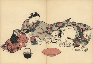 神室と金比羅の力比べを見る花魁。手前に酒甕と酒器。木版画 奥村政信（1686-1764）『風俗絵巻物』より。