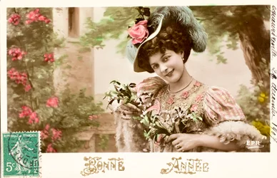 古い絵葉書/Happy year/Wish/Woman Belle Epoque
