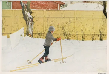 スウェーデンのイラストレーターCarl Larsson（1853-1919）の子供の一人が、スキーで動くことを学んでいる様子。1921年の "Das haus in der sonne "からのドローイング。