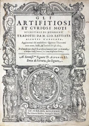 1589年にイタリアのフェラーラで出版されたギリシャの作家、アレキサンドリアのヘロンまたは長老のヘロン（1世紀に活躍）による「Gli artifitiosi et curiosi moti spiritali di Herrone」（通称：Pneumatics）のタイトルページ。