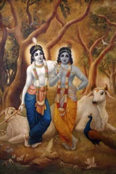 ヒンドゥー教の神、クリシュナが弟のバララムの隣に立っている様子を描いた絵画。インド