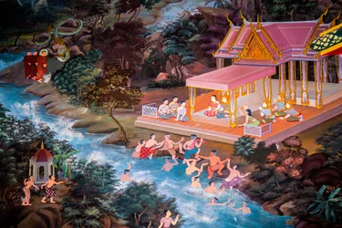 Paintings of village scenes with Buddha in Thailand, Wat bang riang, Thub Pat/ Paintings, Wat bang riang, Thub Pat, Phang Nga, Thailand, Asia (photo)   1438158   ja       japanese Successfully Translated  Original: Texturäpfel Nr. 4 Translat: Texturäpfel N