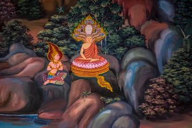 Pinturas de cenas de aldeia com Buda na Tailândia, Wat bang riang, Thub Pat/ Pinturas, Wat bang riang, Thub Pat, Phang Nga, Tailândia, Ásia (foto)