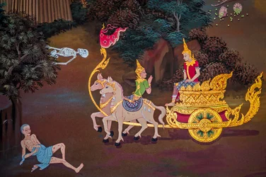 タイの仏像のある村の風景の絵画、ワット・バン・リアン、トゥブ・パット/絵画、ワット・バン・リアン、トゥブ・パット、パンガー、タイ、アジア（写真）