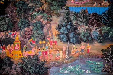 Maalauksia kyläkohtauksista Buddhan kanssa Thaimaassa, Wat bang riang, Thub Pat/ Paintings, Wat bang riang, Thub Pat, Phang Nga, Thaimaa, Aasia (kuva)