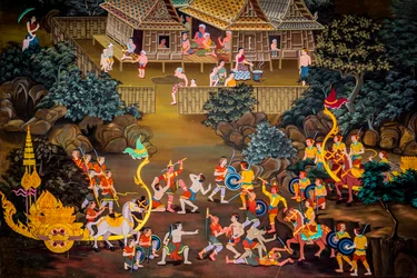 タイの仏像のある村の風景の絵画、ワット・バン・リアン、トゥブ・パット/絵画、ワット・バン・リアン、トゥブ・パット、パンガー、タイ、アジア（写真）